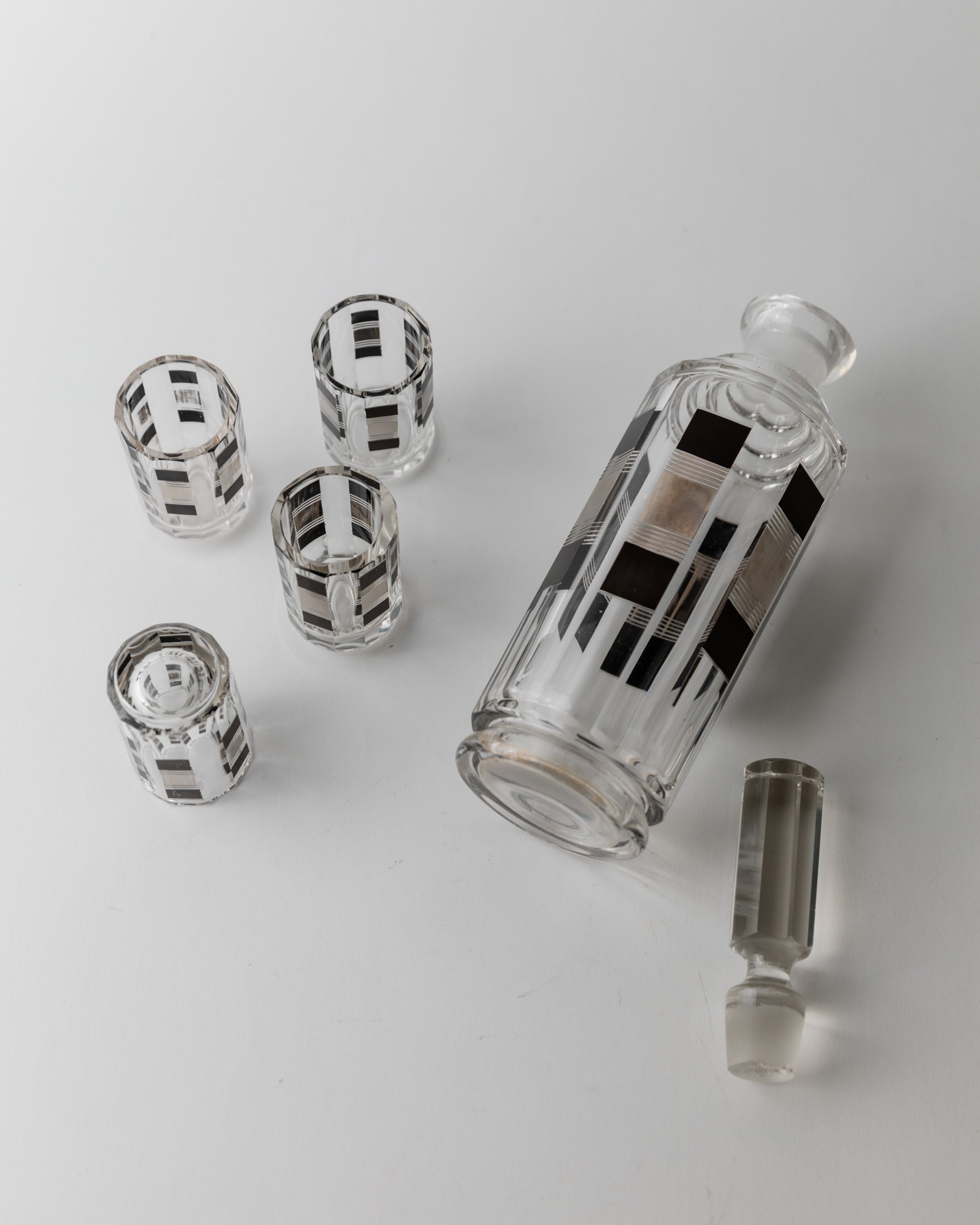 Liqueur Set Art Deco by Karl Palda 1930s — overhead view on white background