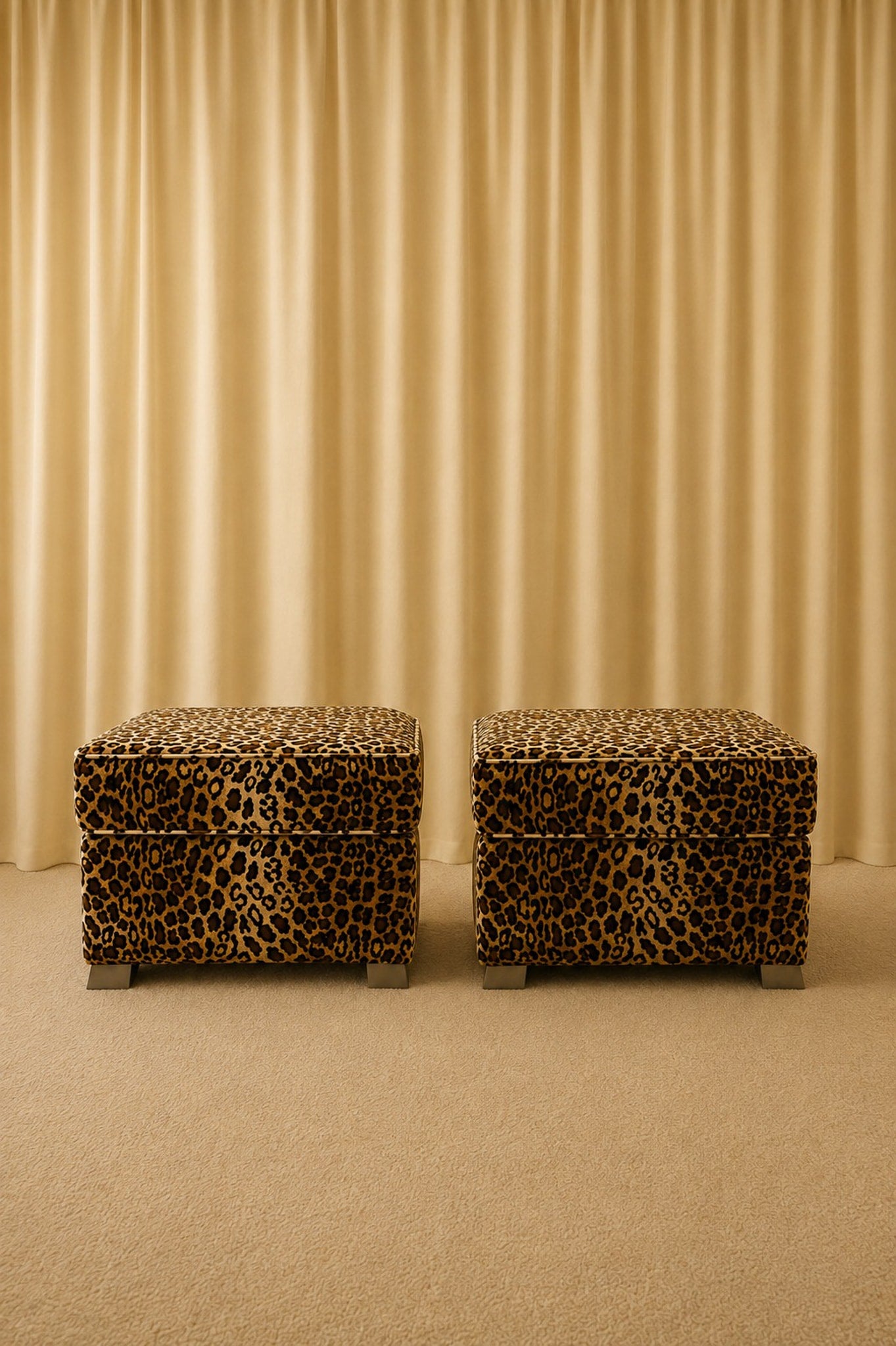 Pair of Leopard Upholstered Footstools — close-up