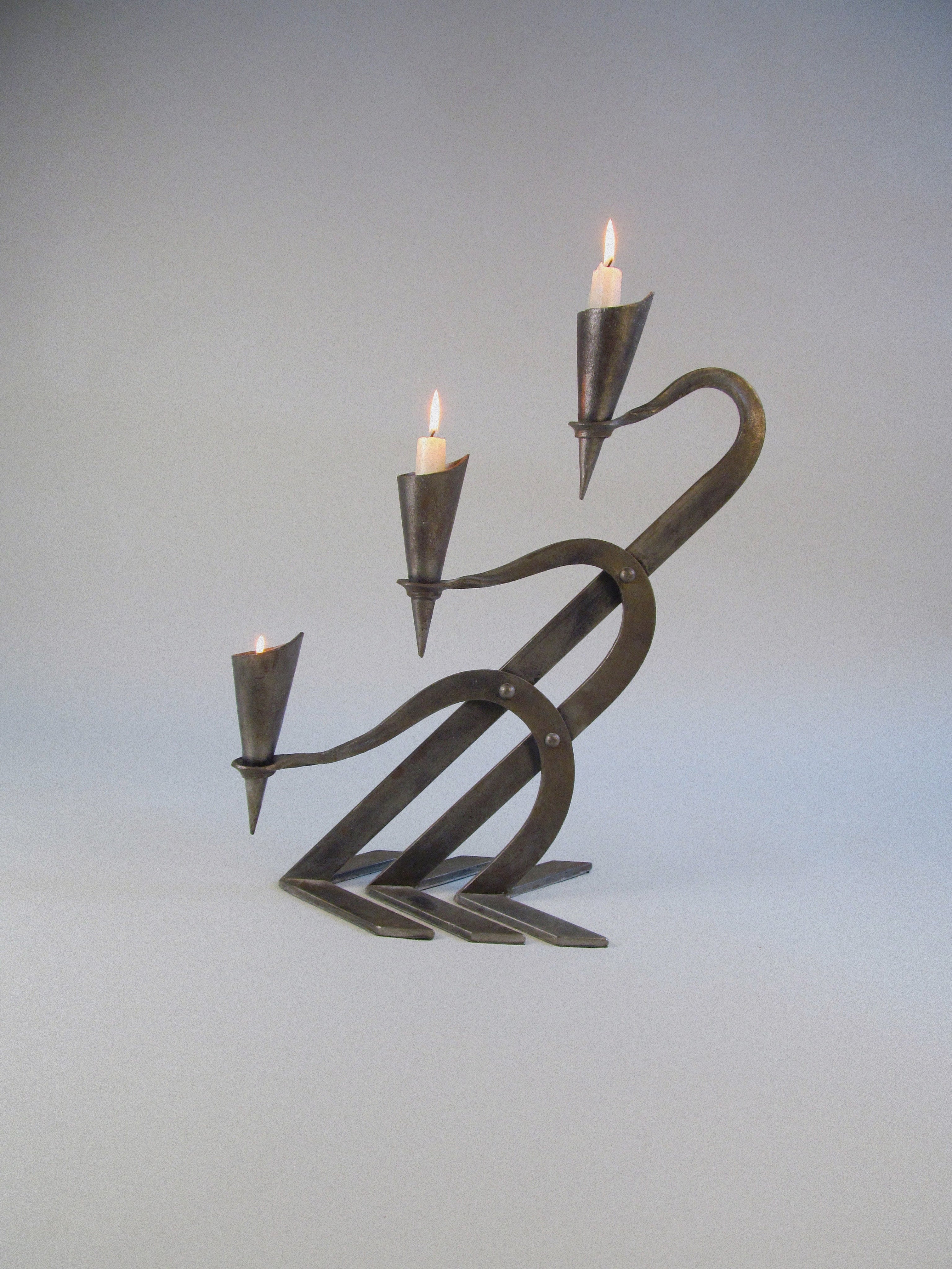Brutalist Candleholder - Late 20th Century — side angle with three metal candle holders
