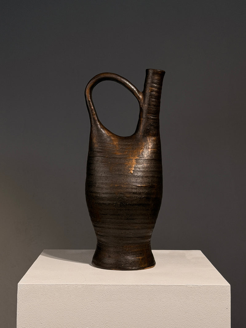 Large Stoneware Pitcher by Bernadette Sulmont | The Oblist — handcrafted dark brown finish