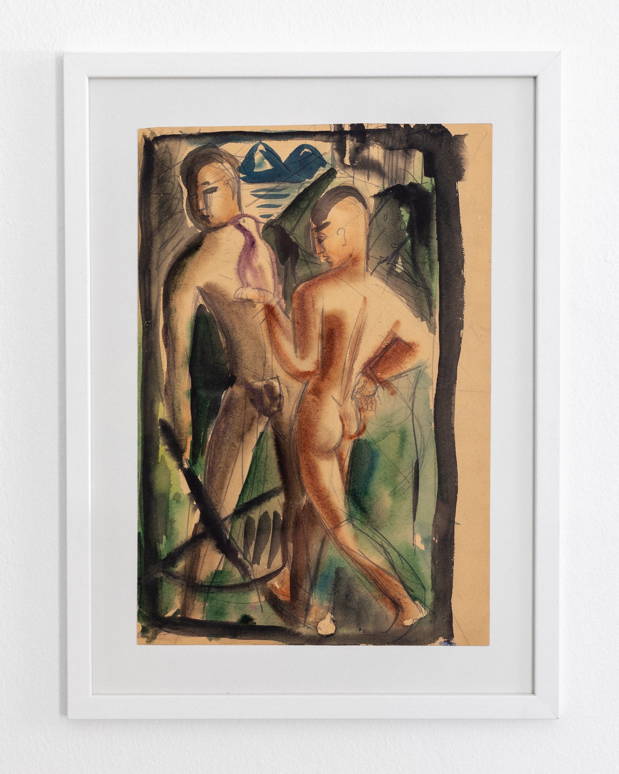 Pair of Watercolour Paintings, Attributed Brita Nordencreutz, Sweden, 1920s–40s — top view of framed artwork on white wall