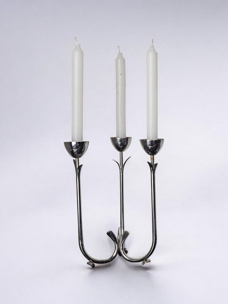 Art deco stainless steel 3-flame candlestick, Spain, 1970 — detail view