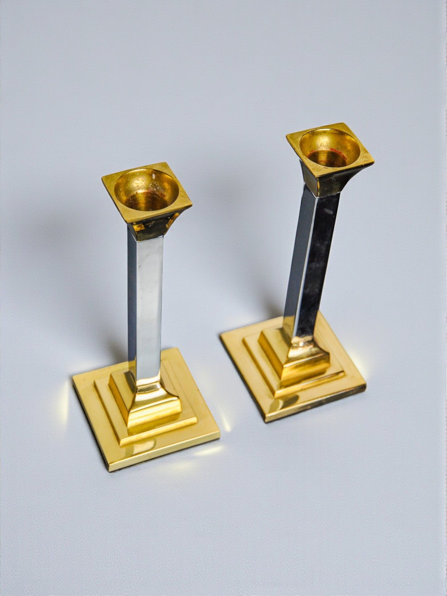 Pair of Regency Candleholders by Art3, Spain, 1970s — side angle showing polished brass and silver finish