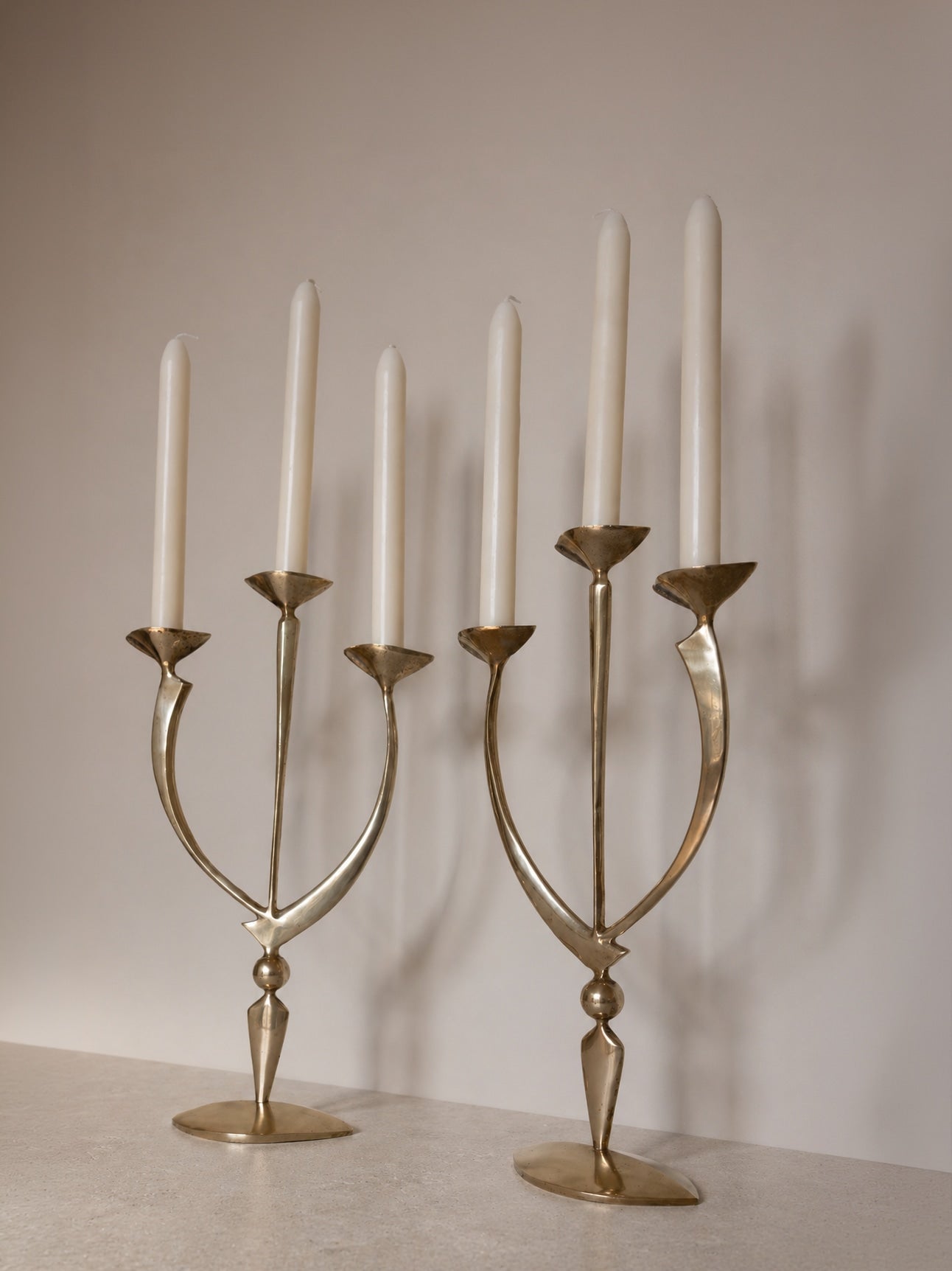 Pair of Mid-Century Solid Brass Sculptural Candleholders - Germany, c.1950s — detail view