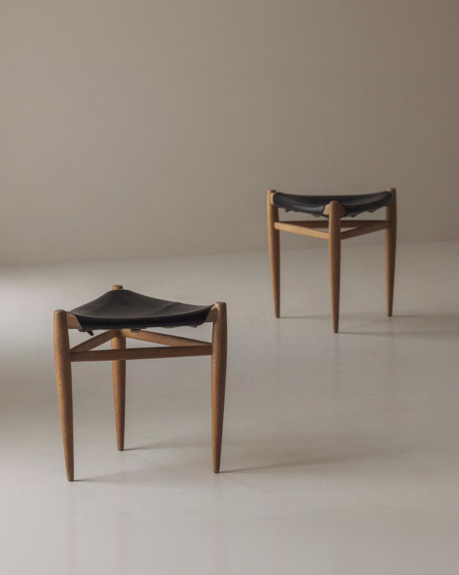 Rare Tripod Stool in Leather by Uno & Östen Kristiansson for Luxus, Sweden 1960s — side angle