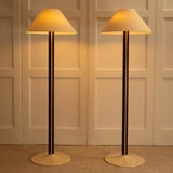 Wood & Lacquer Floor Lamps - France 1960s — lamps in warm-lit interior setting