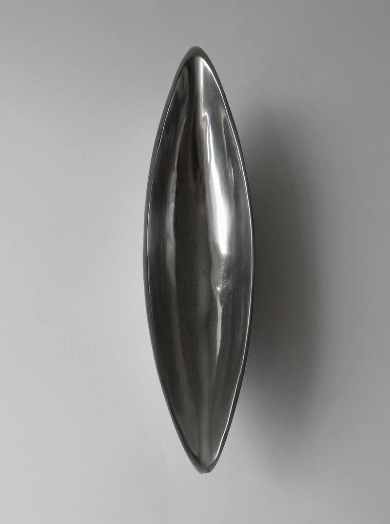 Polished aluminum elongated decorative bowl with sleek curved form