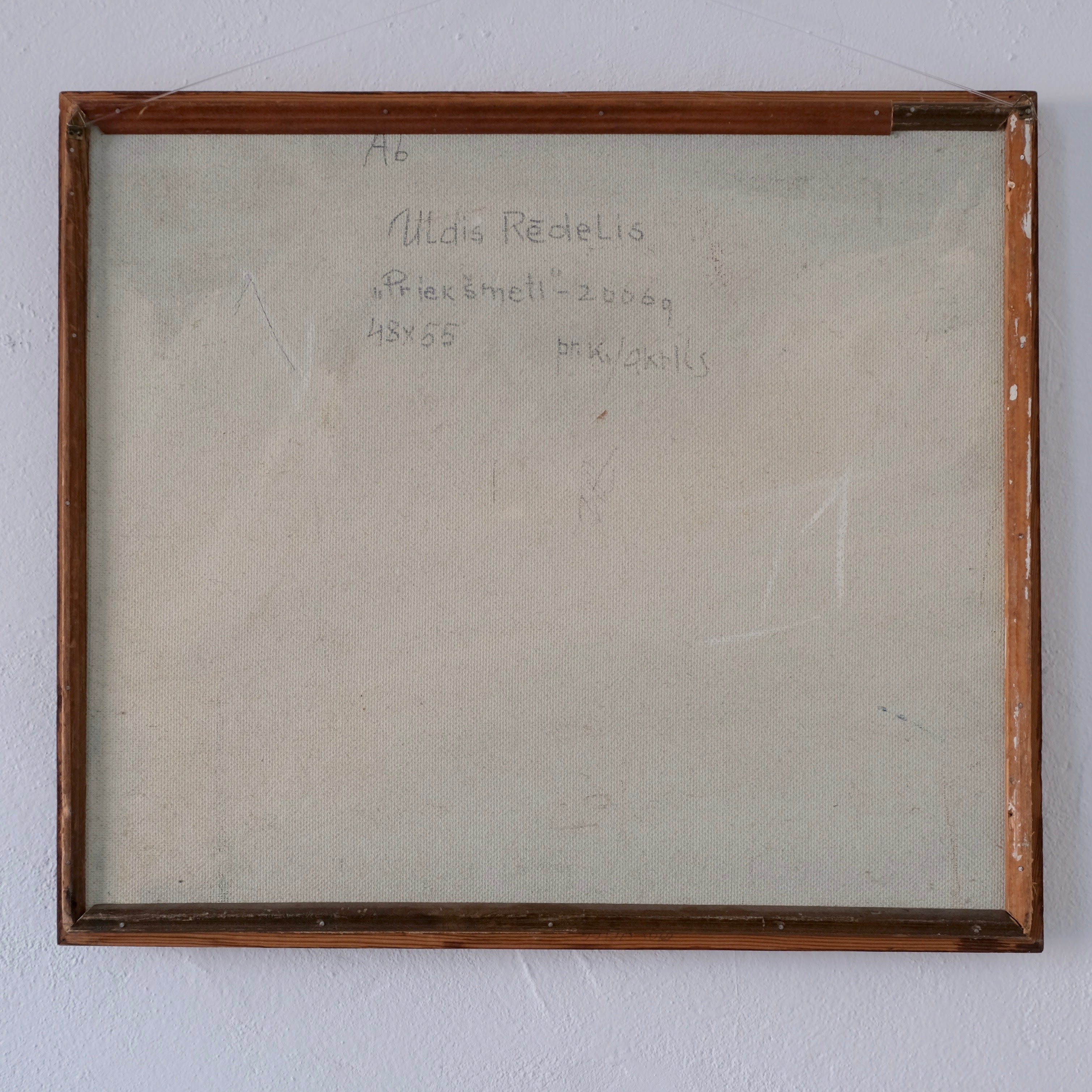 Uldis Rēdelis Blue Abstract Painting "Items", Latvia, 2006 — back view with wooden frame and artist details