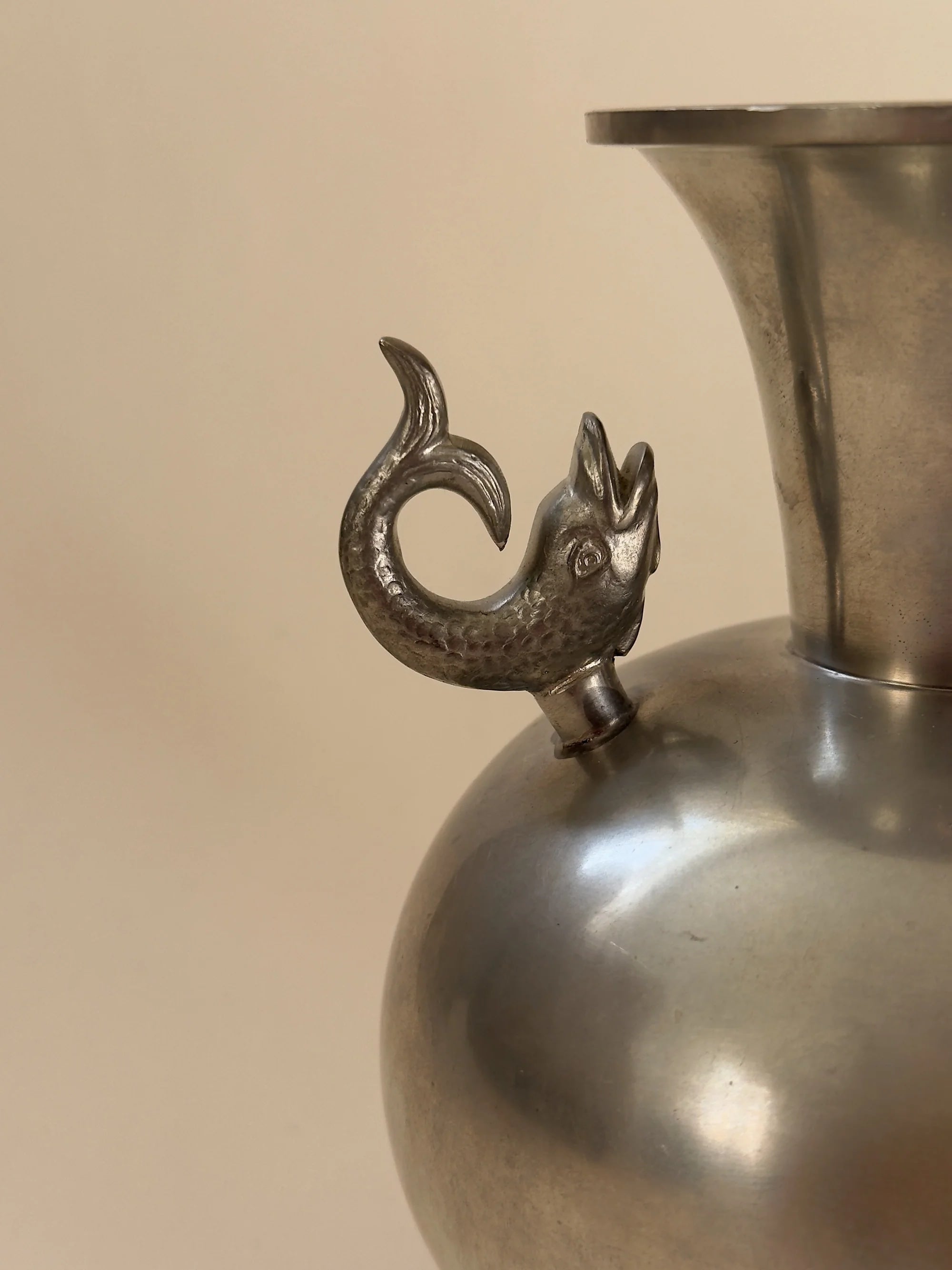 Pewter Vase by Ernst Svedbom, 1955 — close-up of fish handle detail