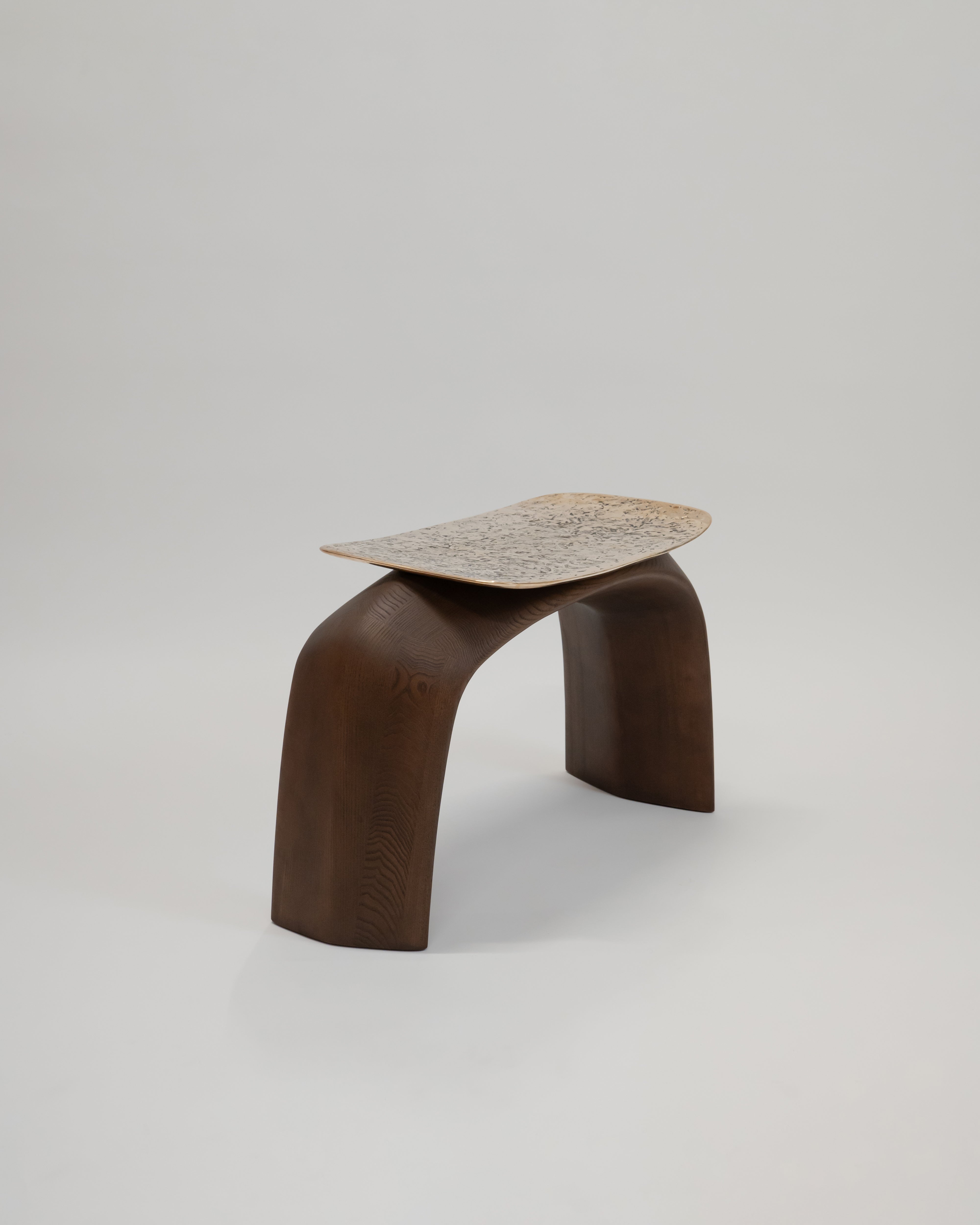 BAYOU V1 stool in carved solid wood with cast bronze seat