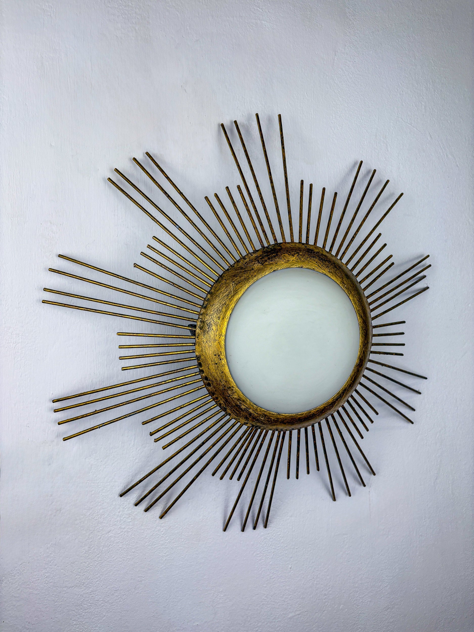 Large Sunburst Brutalist Ceiling Flush Mount or Pendant – Gilt Iron Rays & Opaline, France, 1950s — alternate view