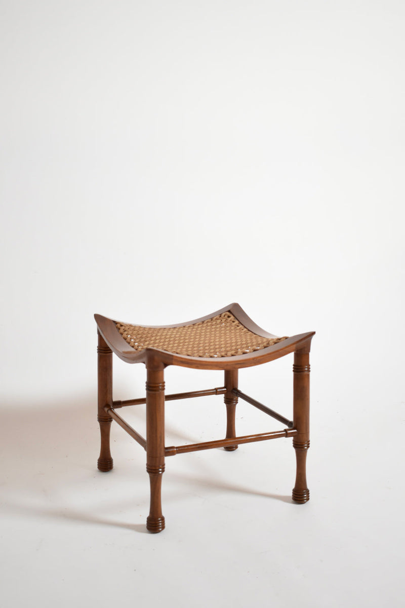 Thebes Arts & Crafts Wooden Stool, 1900s — angled view of woven seat and wooden legs