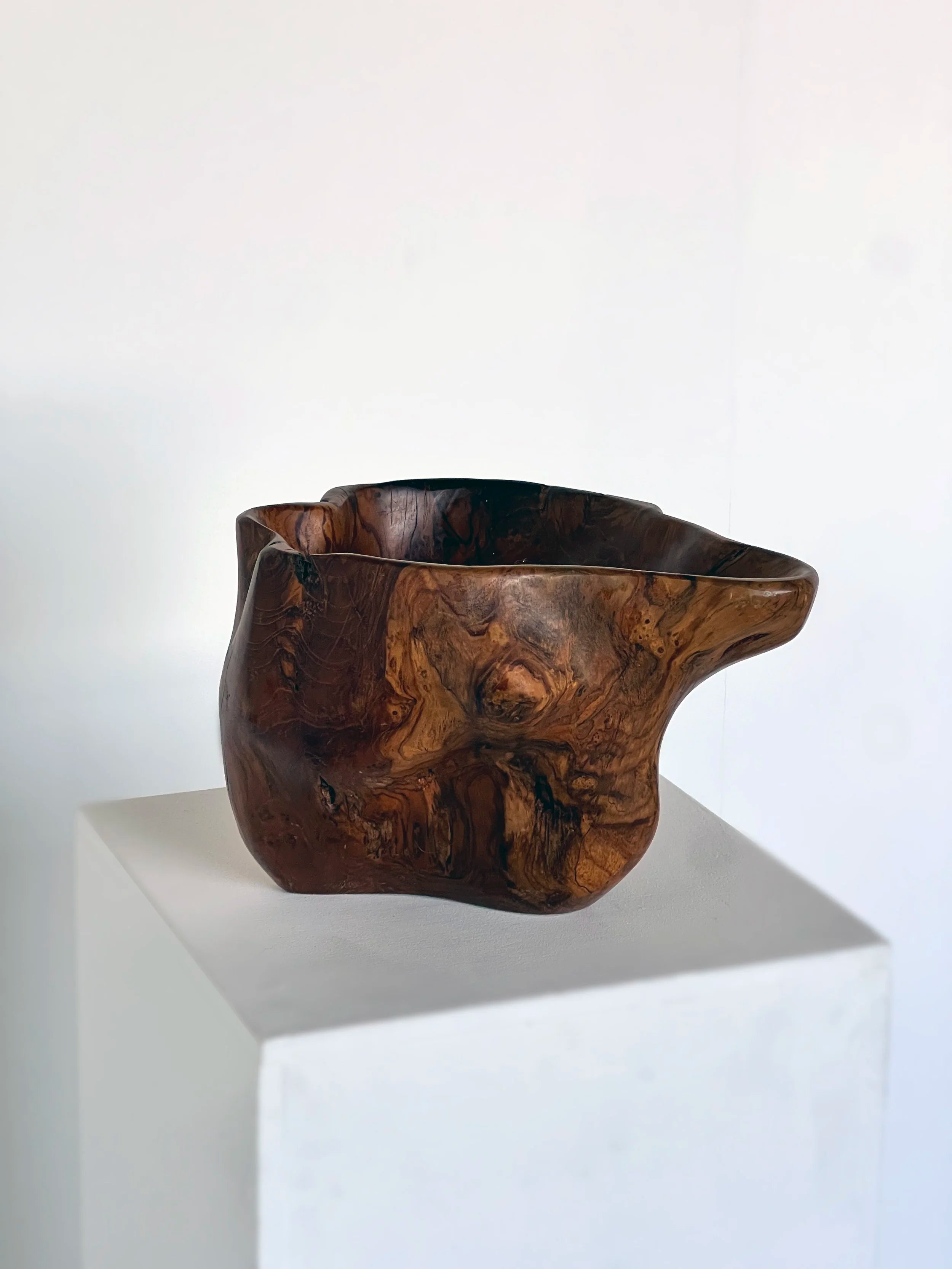 Carved organic form wooden bowl — side angle