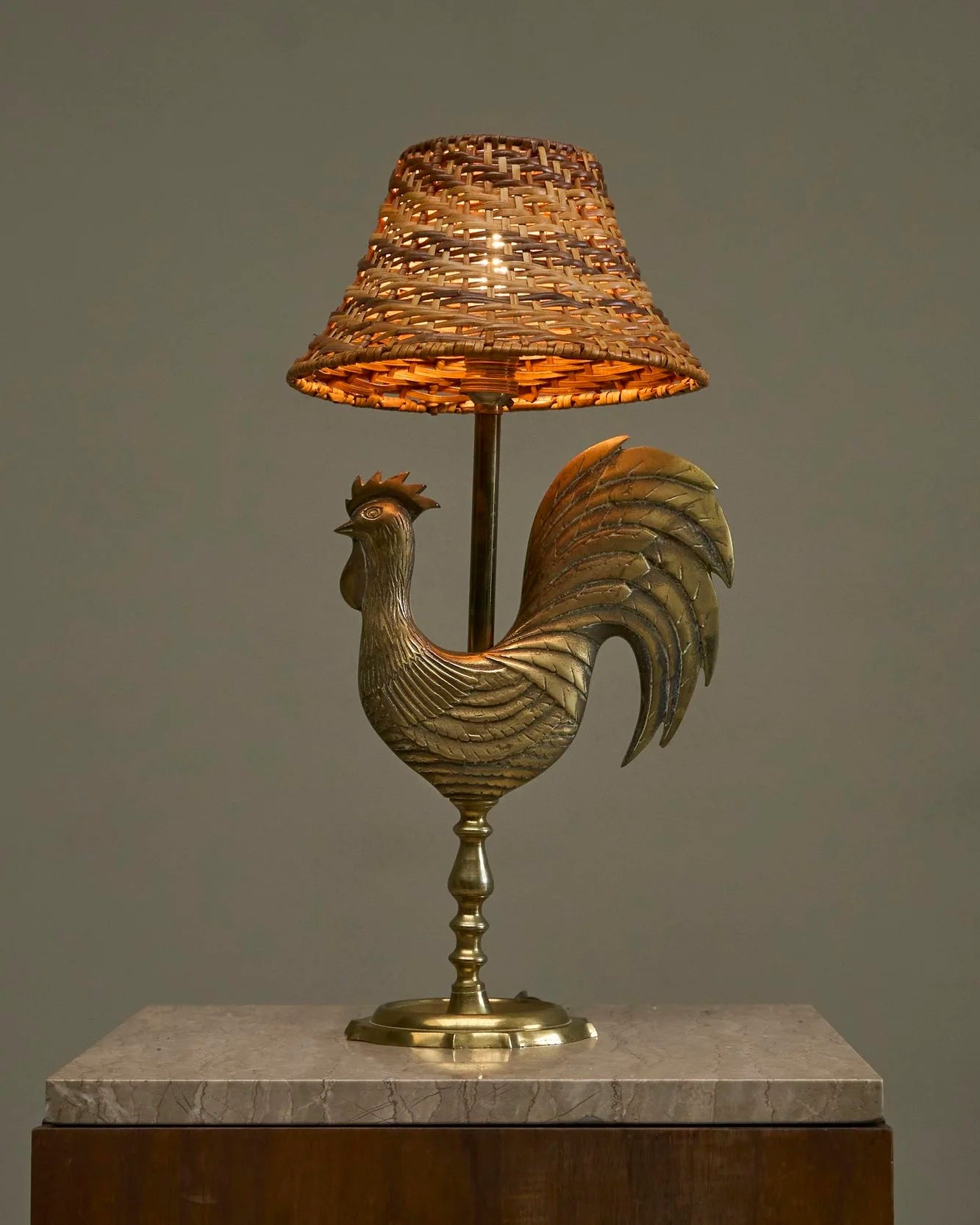 Fantastic French 'Le Coq d'Or' Rooster Table Lamp in Sand Cast Brass with Rattan Shade, 1960s by ORNAMENTUM