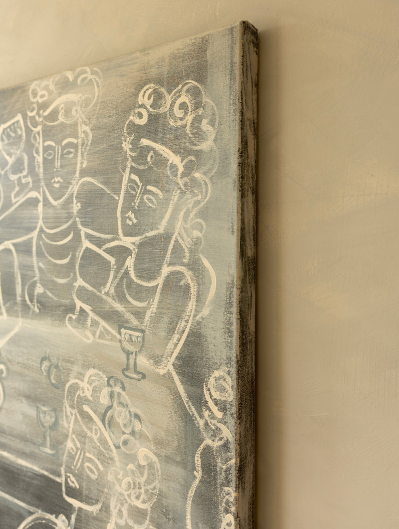 Whimsical line art painting detail featuring playful cartoon characters