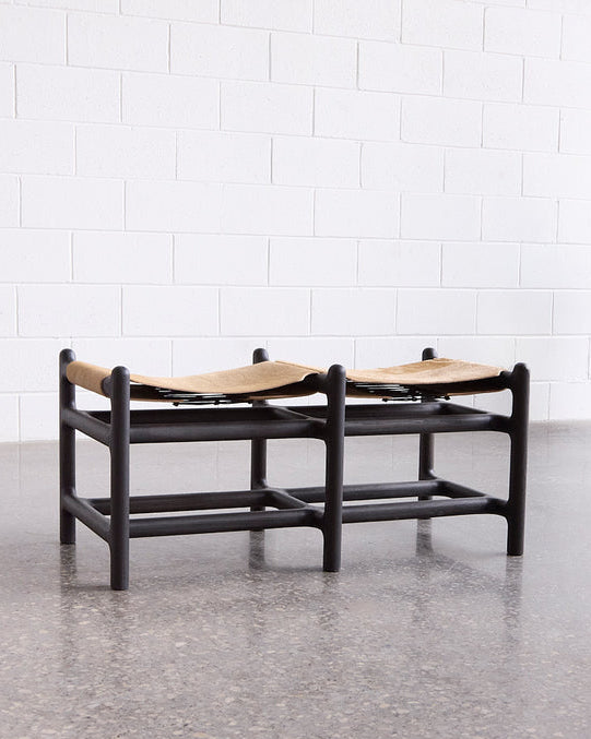 2-Seater Hair on Hide Lyndoe Bench by Mary Ratcliffe Studio | The Oblist — handcrafted hide, dark wood