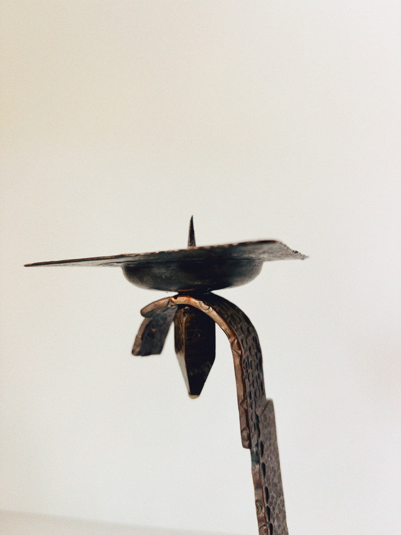 Hammered Metal 2 Arm Candlestick, Poland Mid Century — close-up of textured metal surface