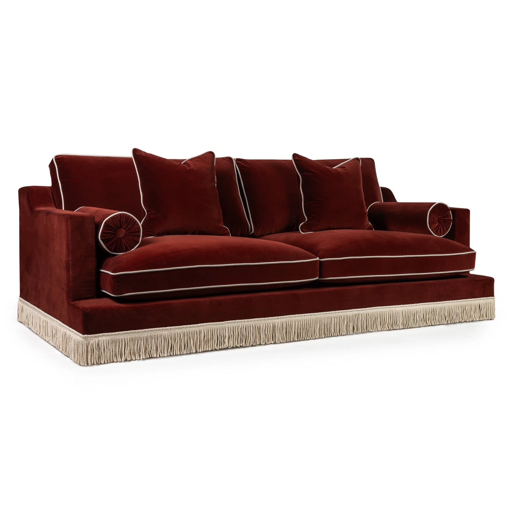 Orlando Sofa 230cm - Velvet Sangria & Cream Bullion Fringe — side angle