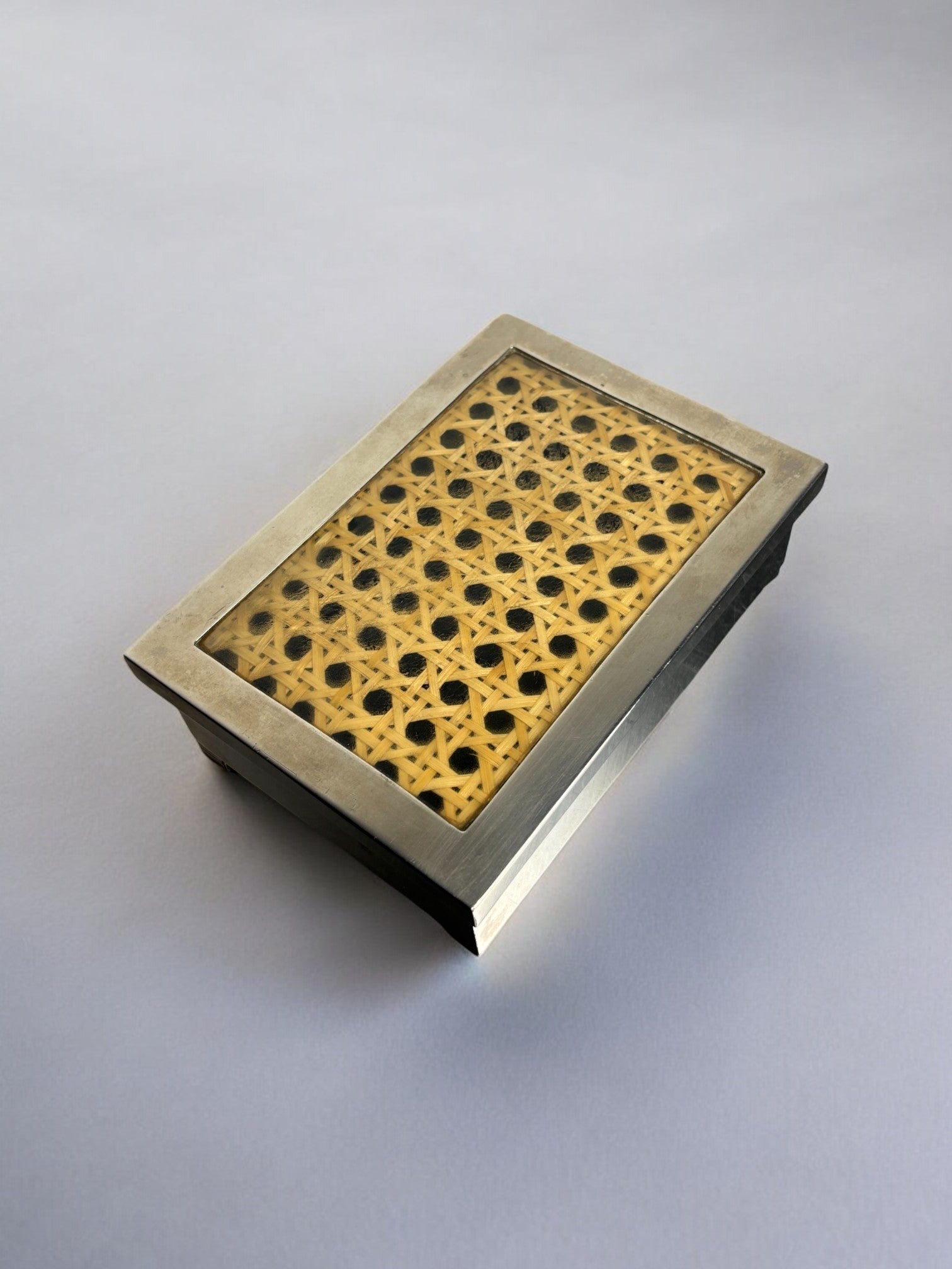 Lucite & Rattan Chromed Box, 1970s — top view showing yellow rattan design