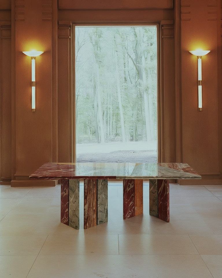 Minimalism marble dining table with geometric base in warm interior