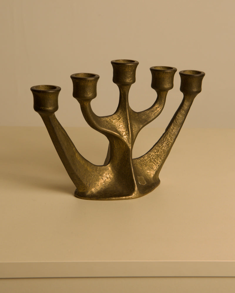 Five-branch Brass Candleholder by Michael Harjes, 1960s — close-up of brass texture and shape