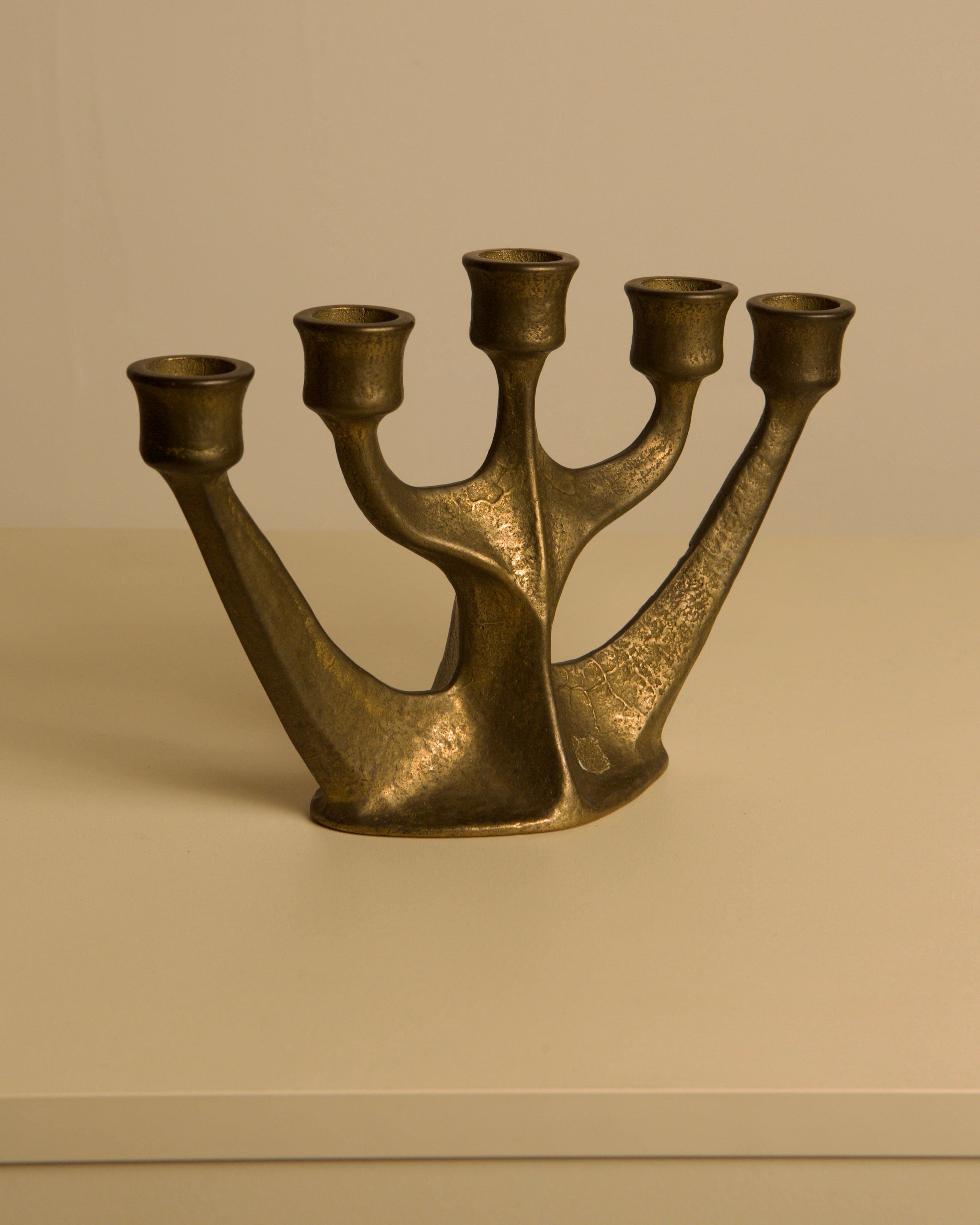 Five-branch Brass Candleholder by Michael Harjes, 1960s — close-up of brass texture and shape