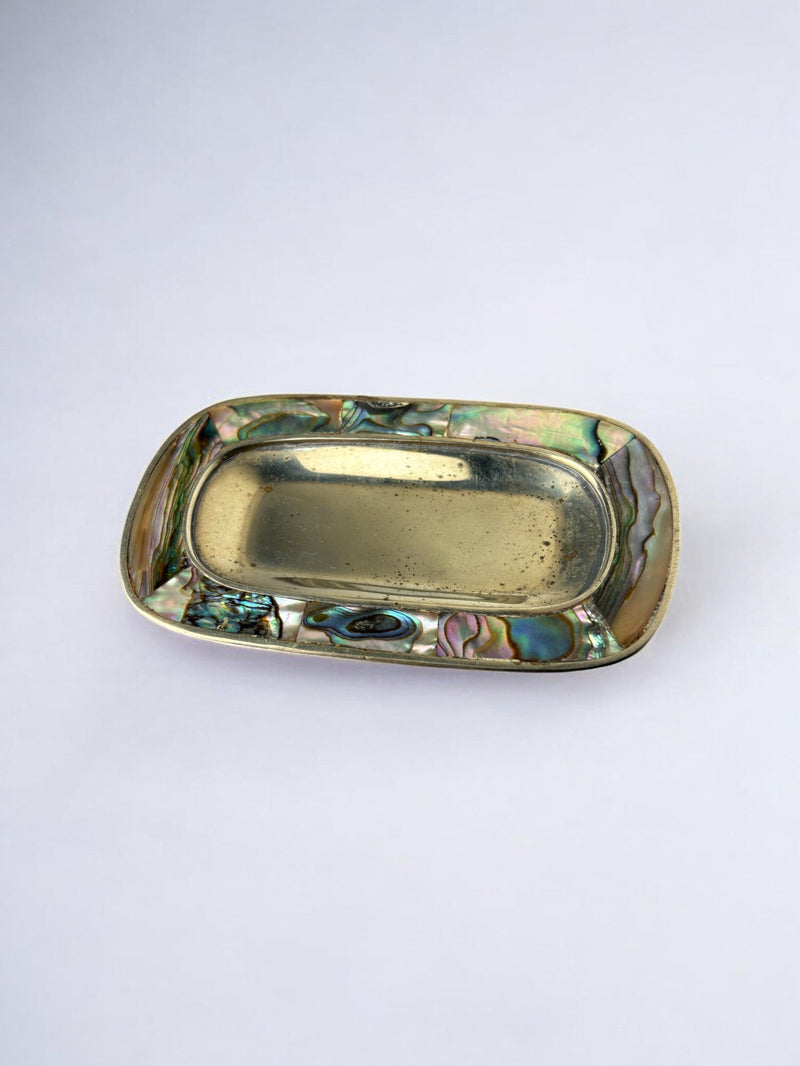 Abalone shell & alpaca tray, Mexico, circa 1970 — close-up of iridescent shell interior