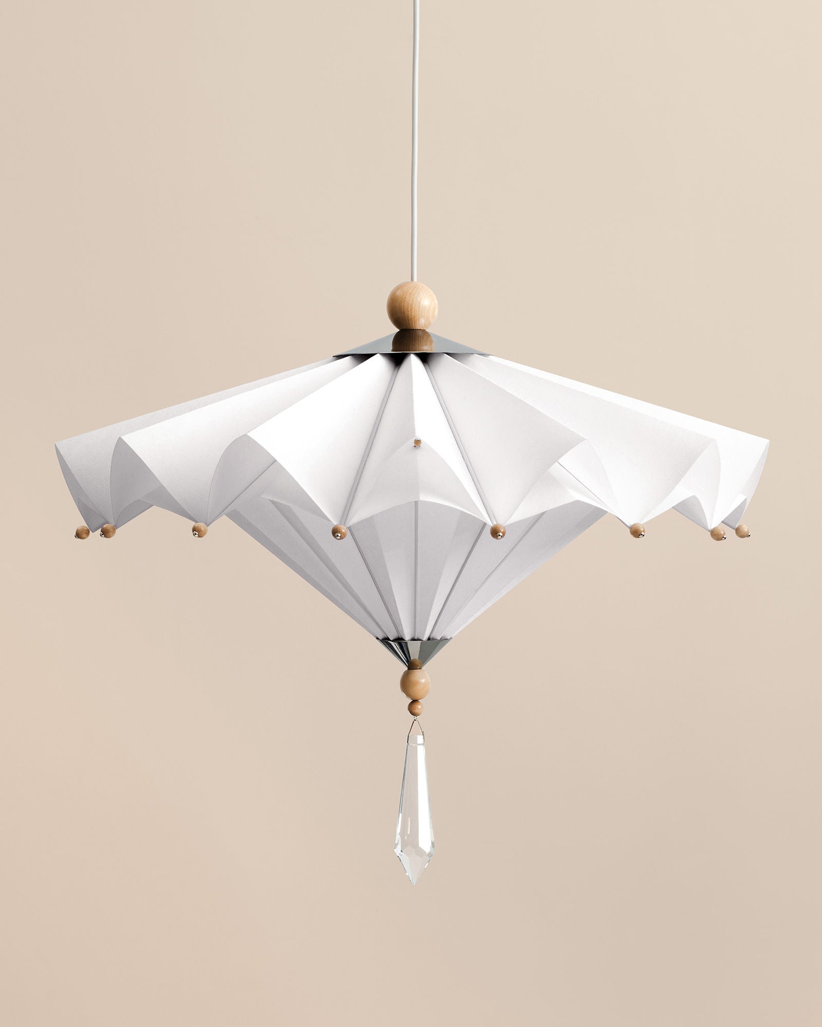 White origami-style Harlequin pendant light with wooden accents