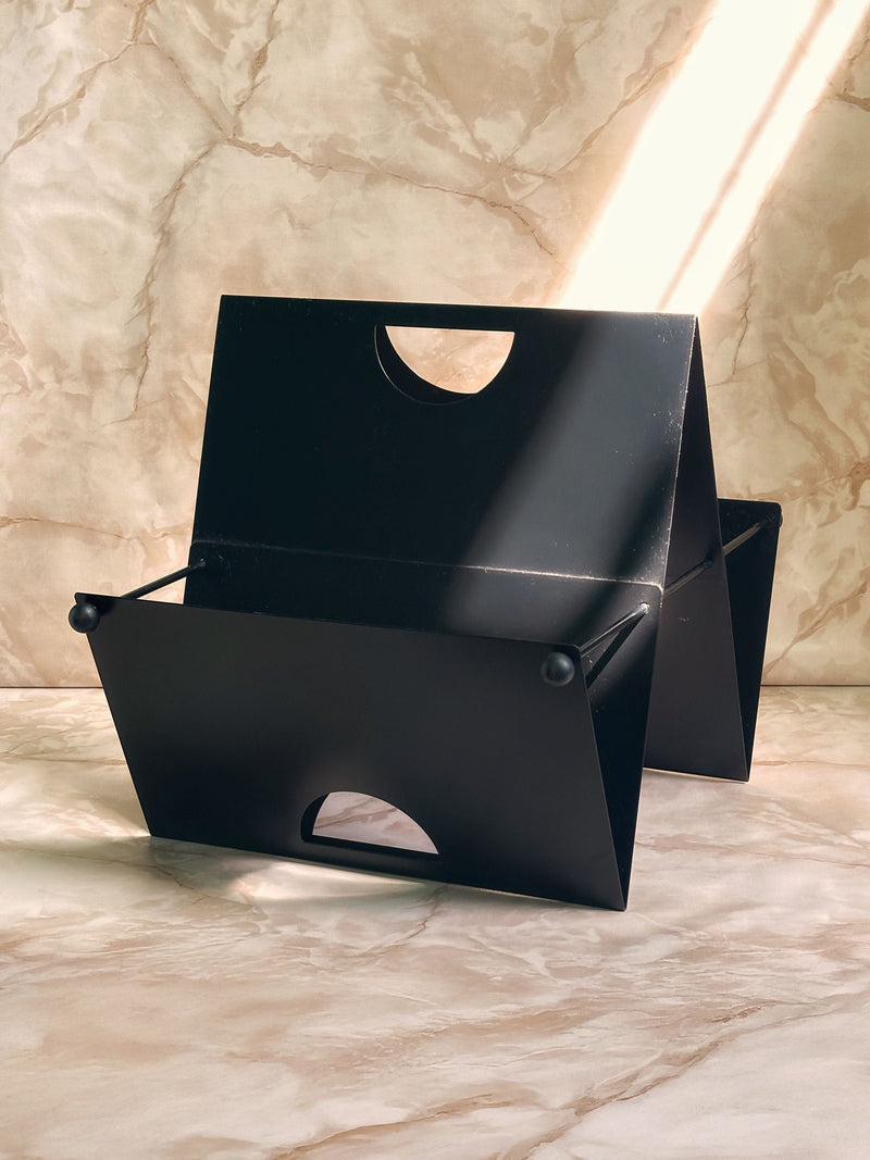Black geometric Italian postmodern magazine holder with cutout handles