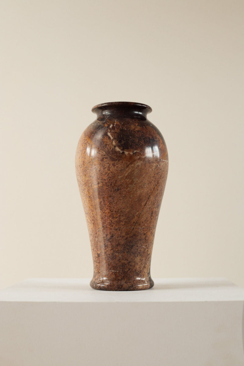 Brown marble vase with natural veining and glossy finish