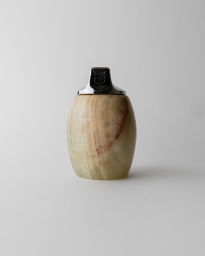 Vintage 1960s Alabaster Table Lighter, by Piezo Italy, Green Beige Stone Design, Elegant Mid Century Bar Accessory, Desk Object, Gift Idea — detail view