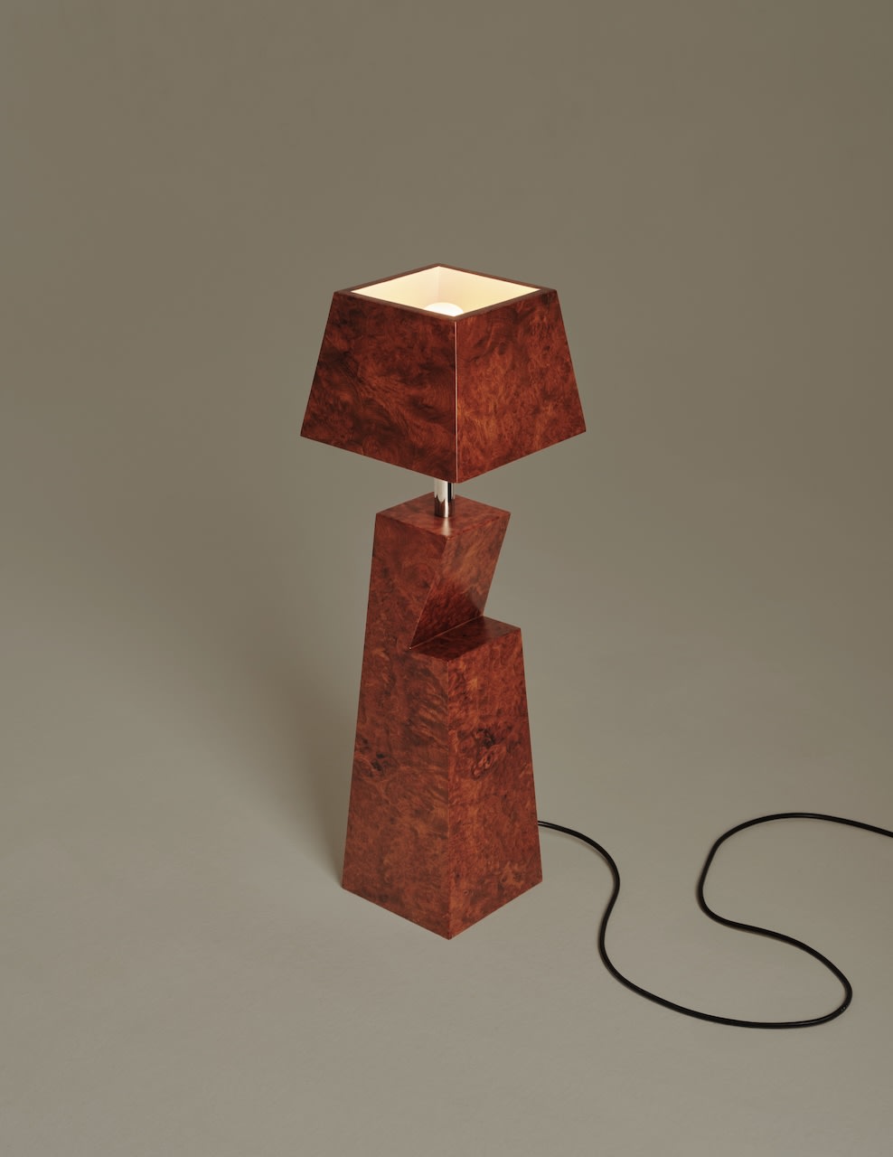 Lescot Lamp — side angle showing brown wood finish and geometric design