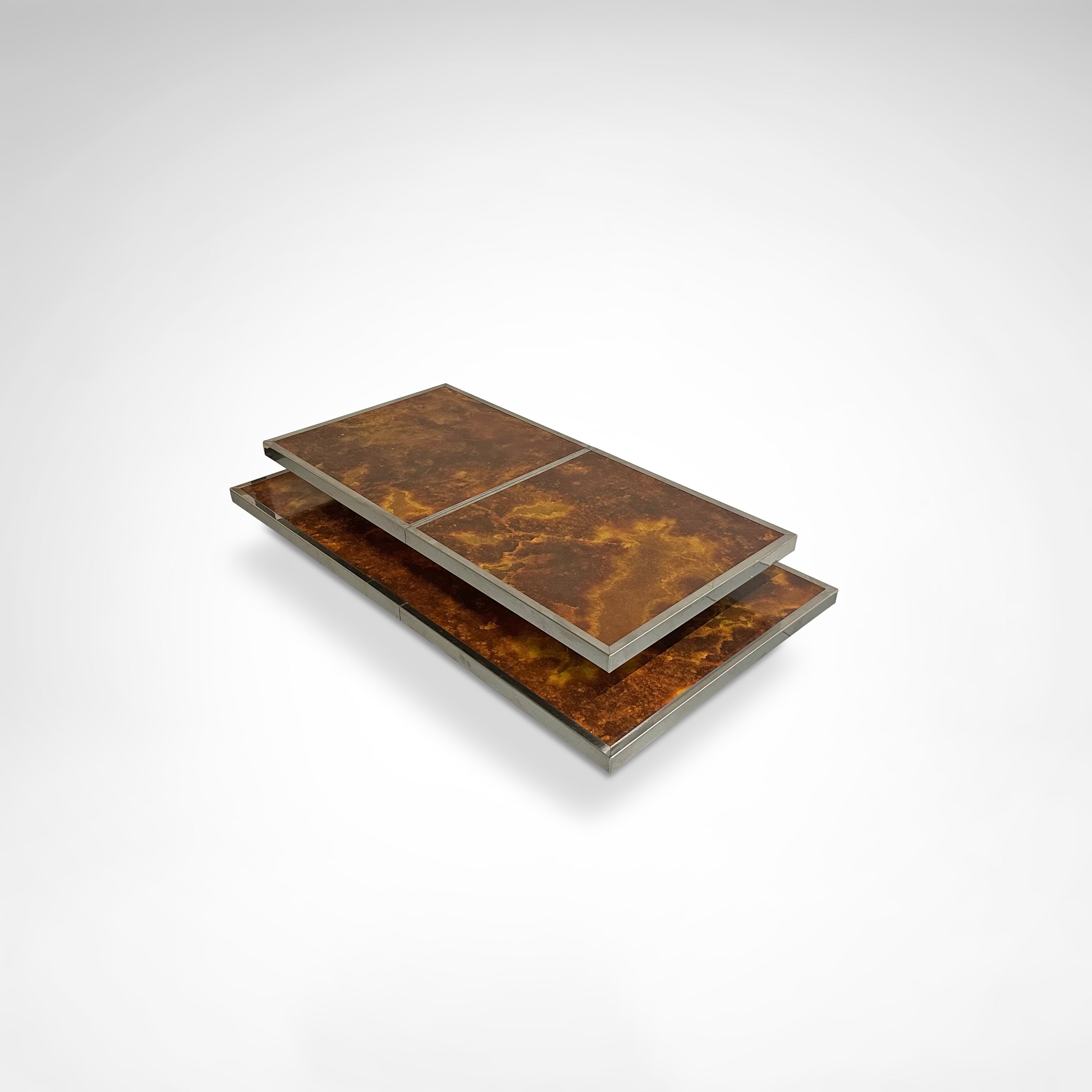 Sliding two tier burl wood and metal coffee table with integrated bar France 1980s — close-up