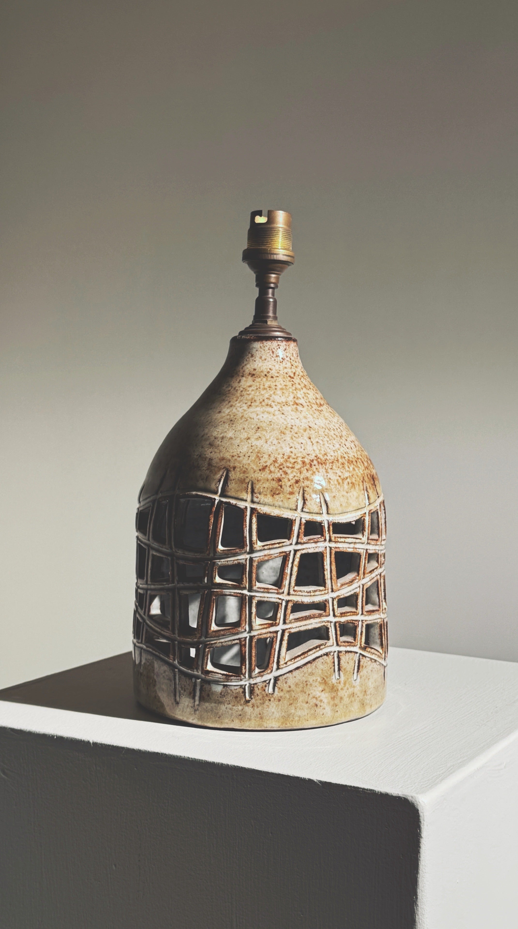 Handcrafted pierced lamp by Robert Pérot, Vallauris, France, circa 1960 — top view showing ceramic texture and design