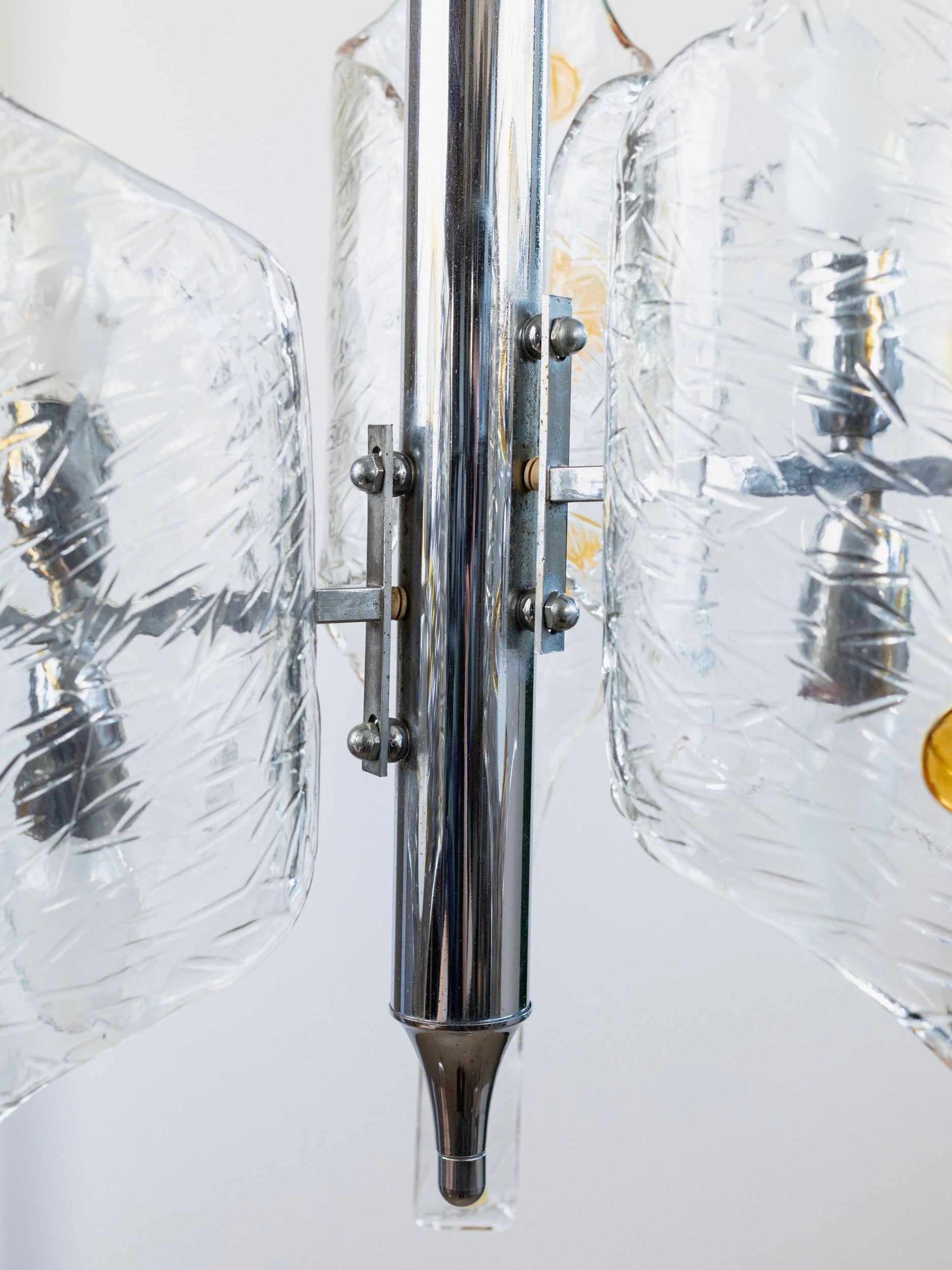 Vintage Murano Glass Chandelier by Toni Zuccheri for Mazzega — top view of clear glass and chrome details