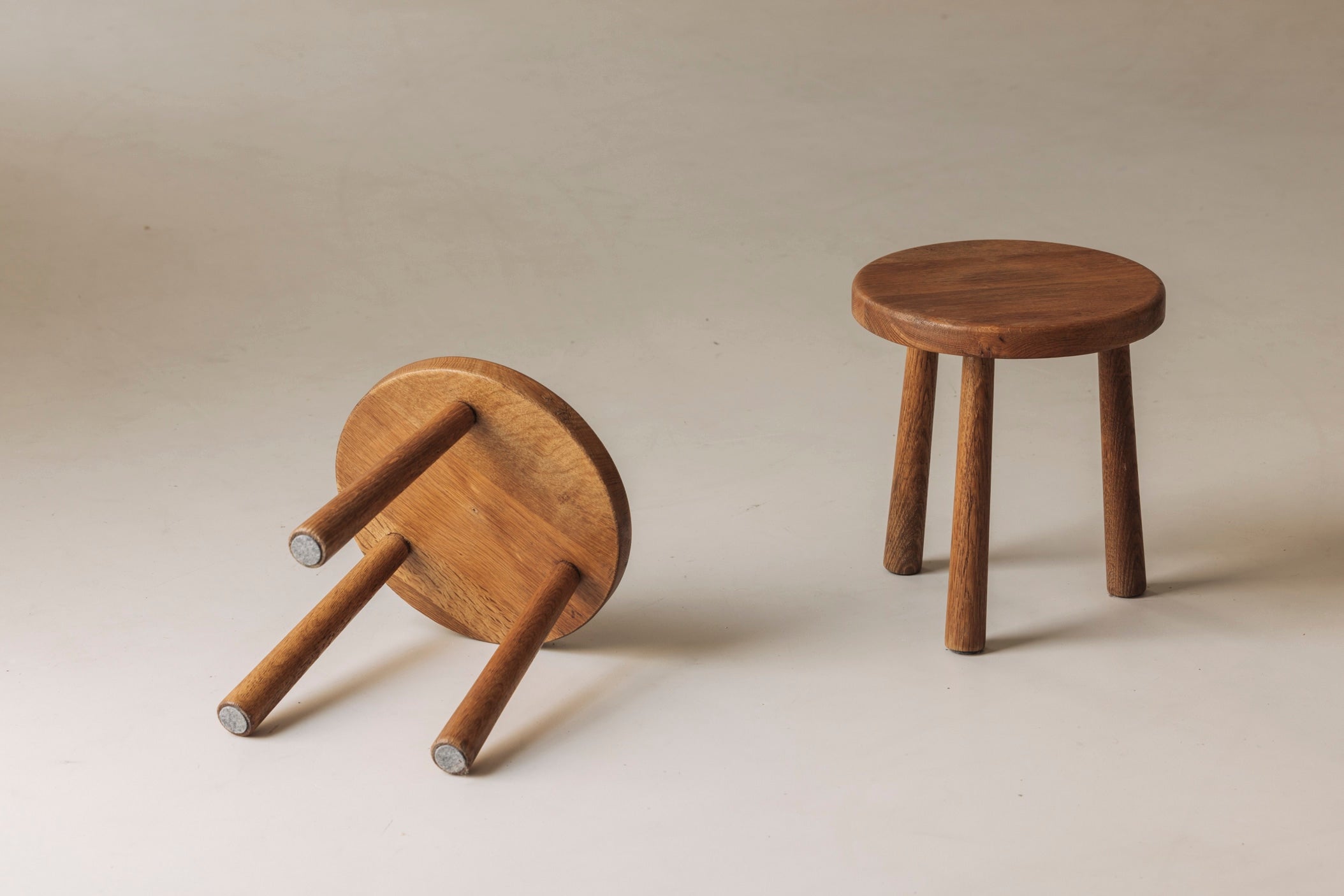 Sculptural Set of Two Solid Oak Stools, France, 1960s — close-up