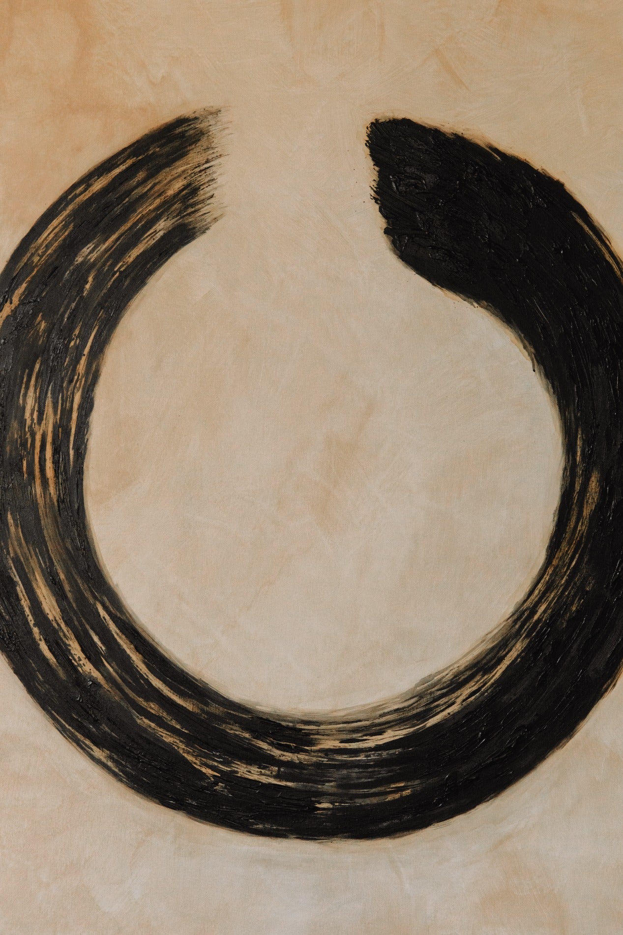 Ensō Acrylic on Linen by Inga Dzintare features a thick, incomplete black circle in broad brushstrokes on a beige textured background, evoking the profound symbolism of the Ensō in Japanese culture.