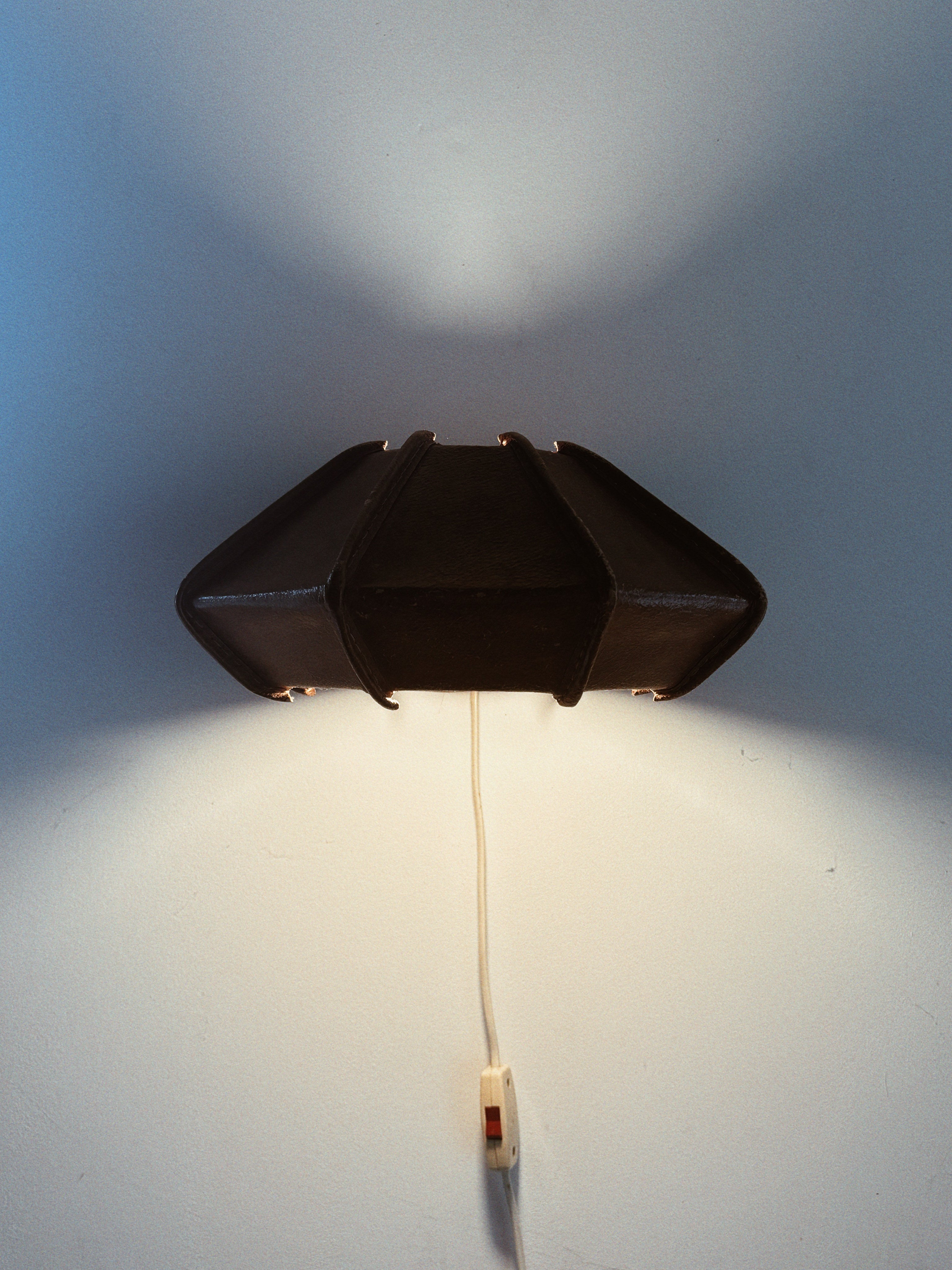 Leather Wall Lamp, Mid Century Poland — side angle