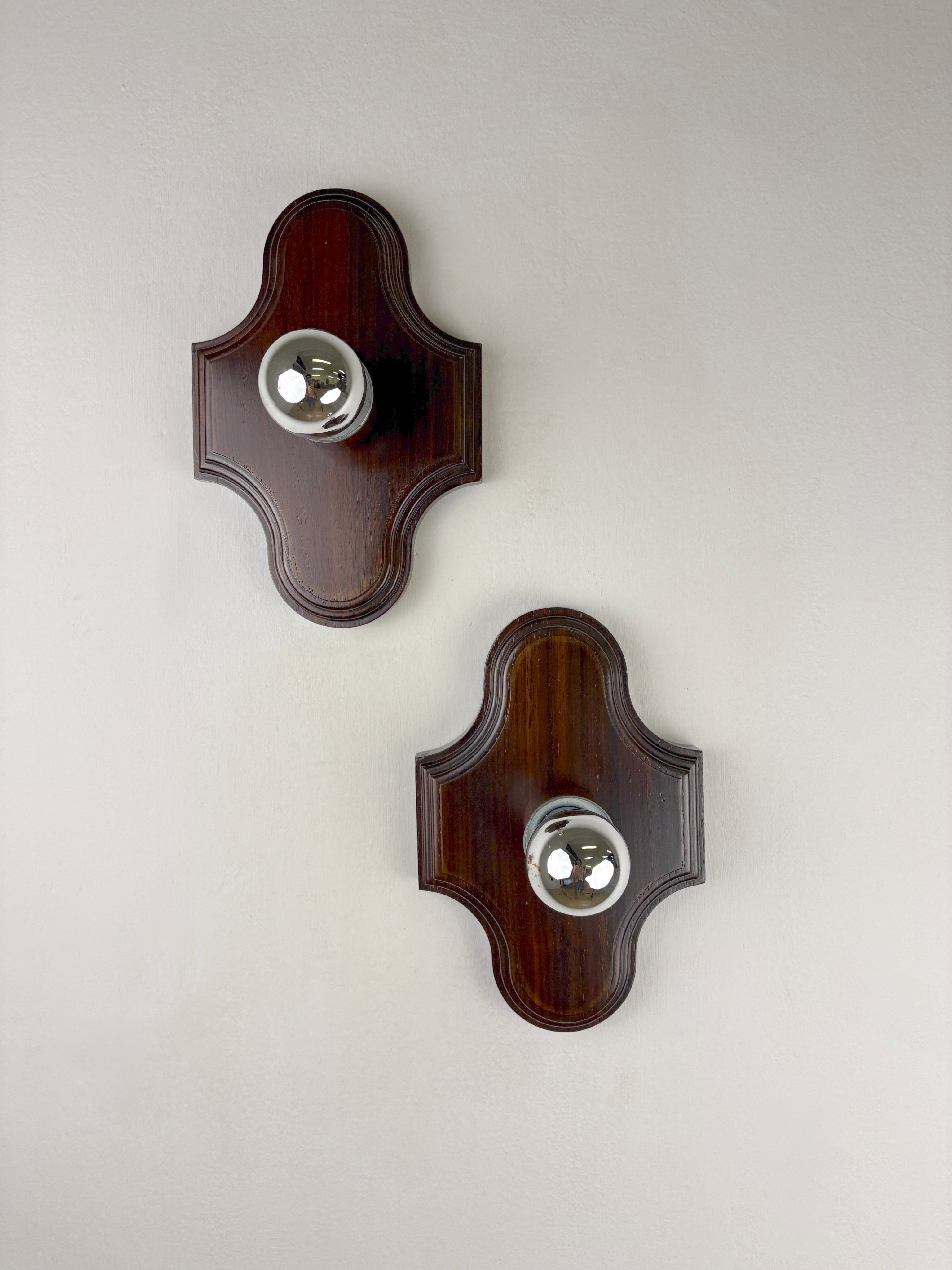 Pair of Geometric Art Deco Wall Lights, Carved wood, France, 1960s — alternate view