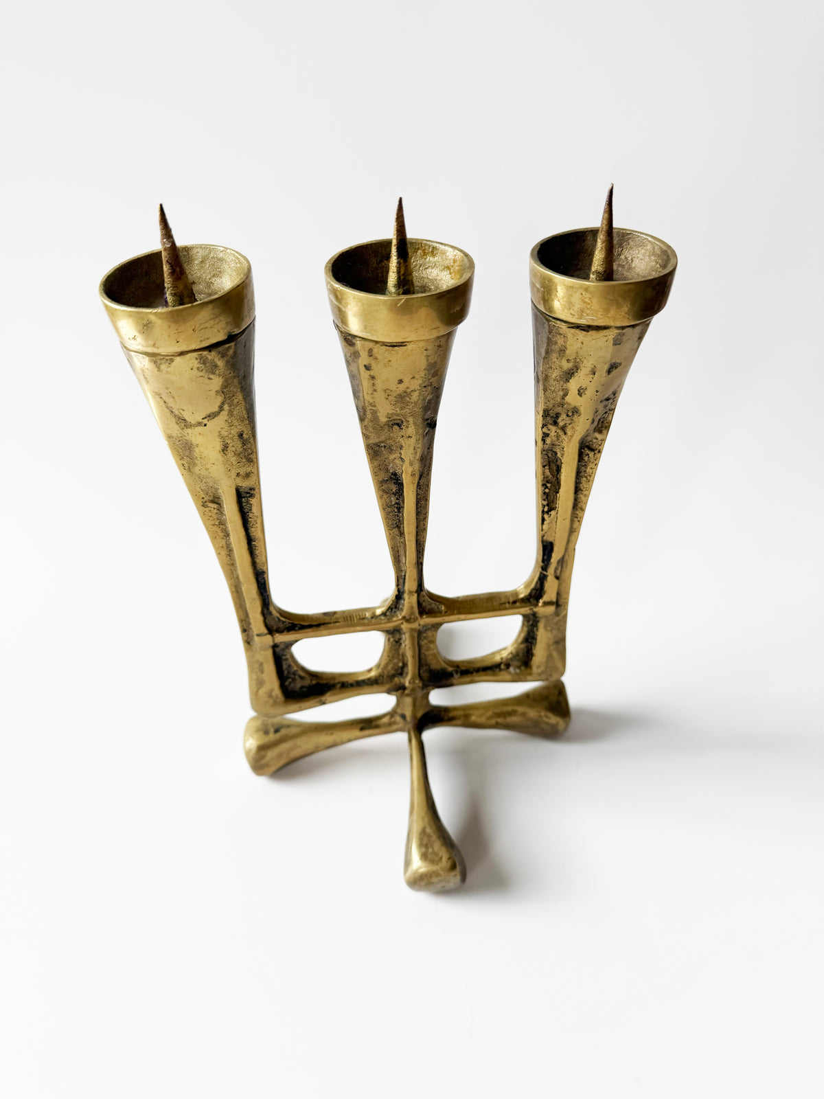 Heavy Brass Brutalist Candelabra — side angle