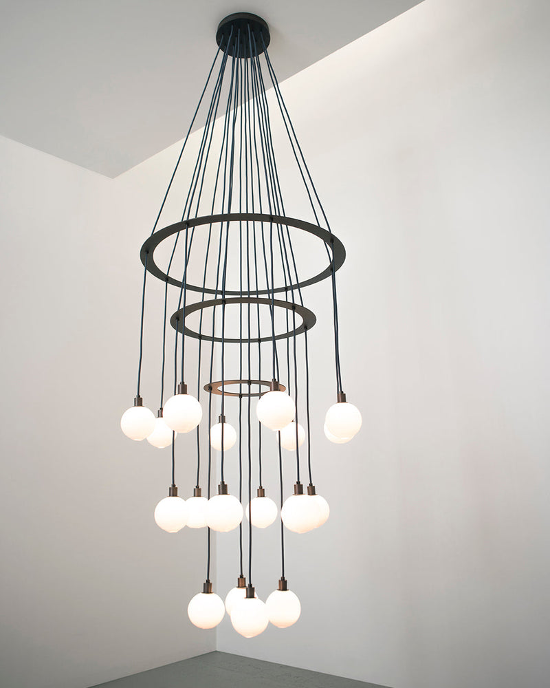 SkLO Drape Circle 18 Chandelier - White Glass, Dark Oxidized finish — side angle