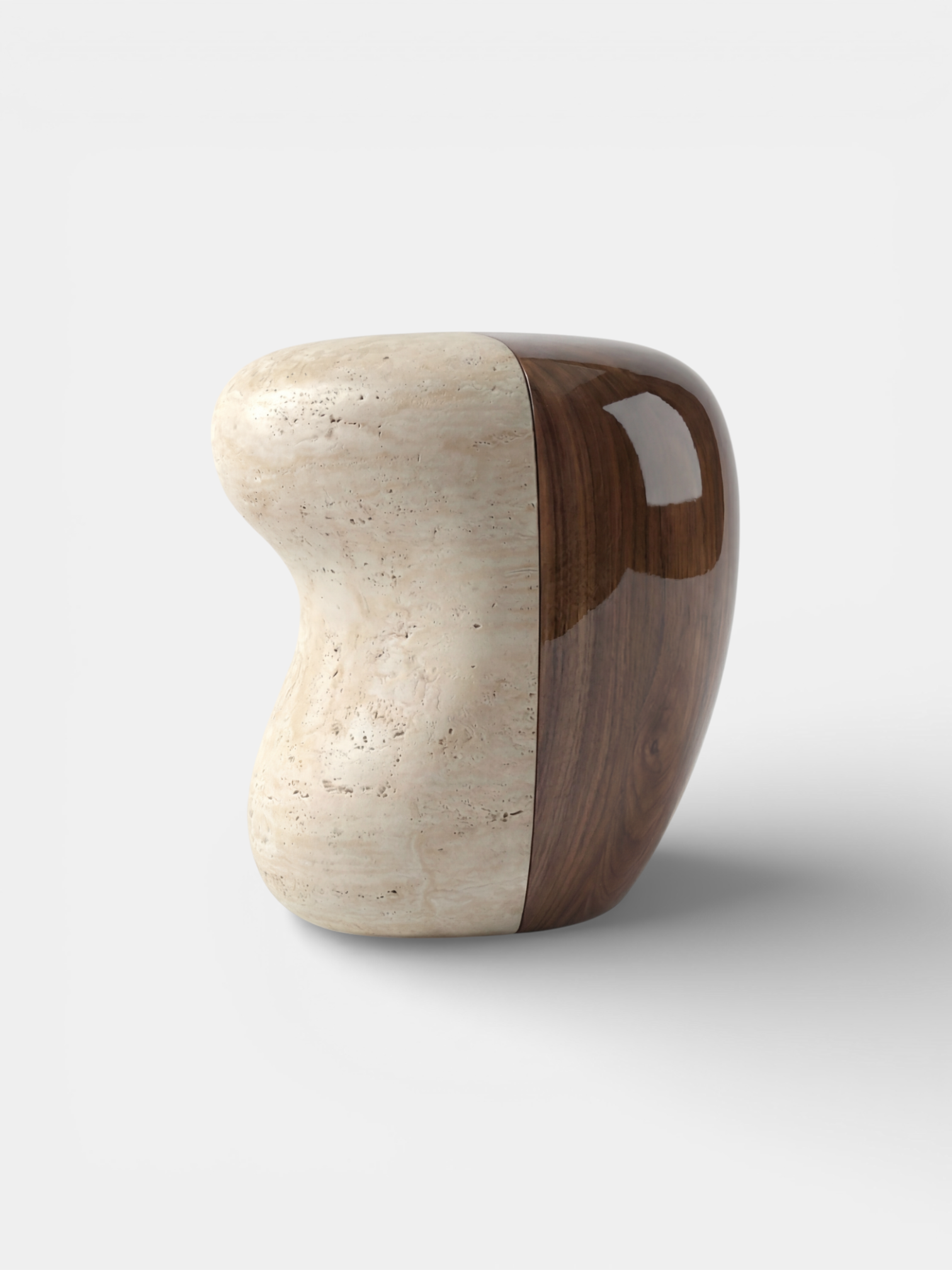 Yosho Travertine And Wood Side Table — side angle showing smooth travertine and walnut finish