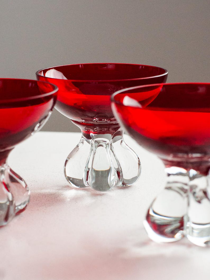 Set of 6 Ruby Red Glass Bo Borgström Dessert Bowls — detail view