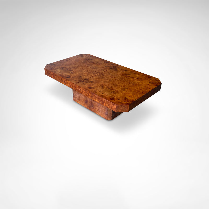 Burl wood coffee table with bar by Maison Lancel France 1980s — angled view highlighting rich wood grain