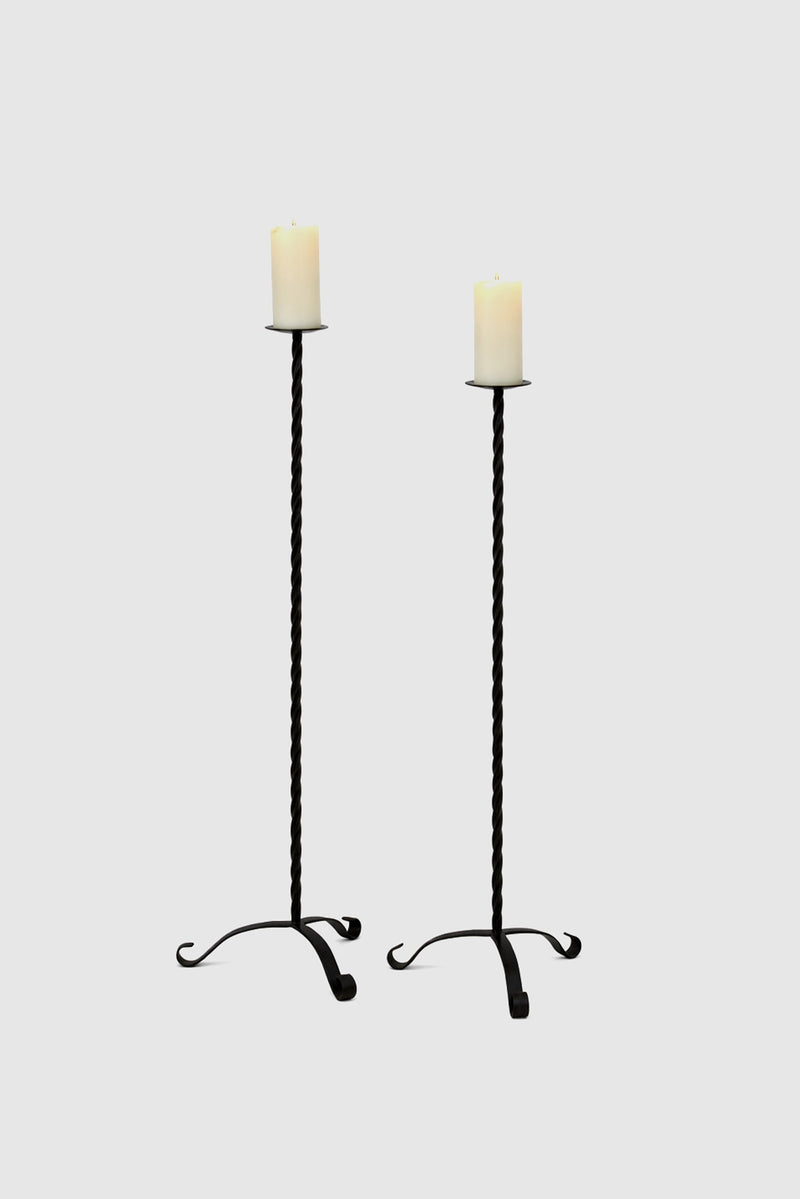 Twisted Iron Floor Candleholder Set — close-up of twisted black iron design