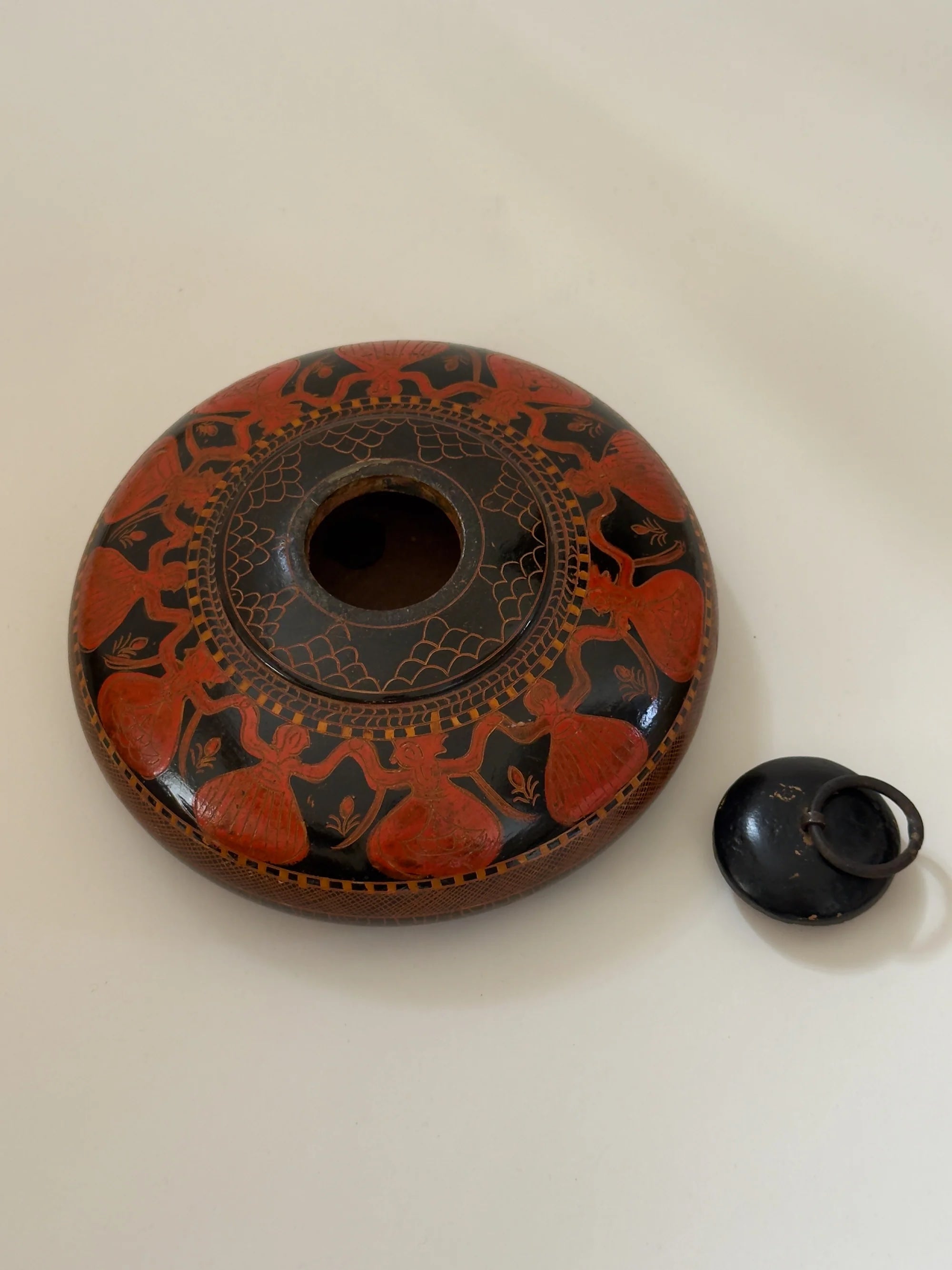 Antique Ottoman Painted Wooden Box — top view showing intricate red and black design