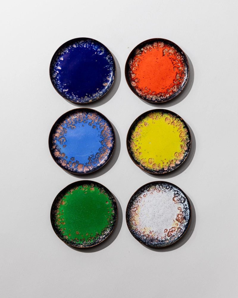1960s Enamel Coasters Set of 6 by Bottega Jacobs | The Oblist — colorful enamel finish