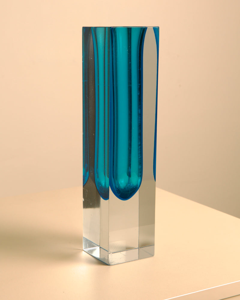 Large blue Murano glass vase with clear base by Flavio Poli