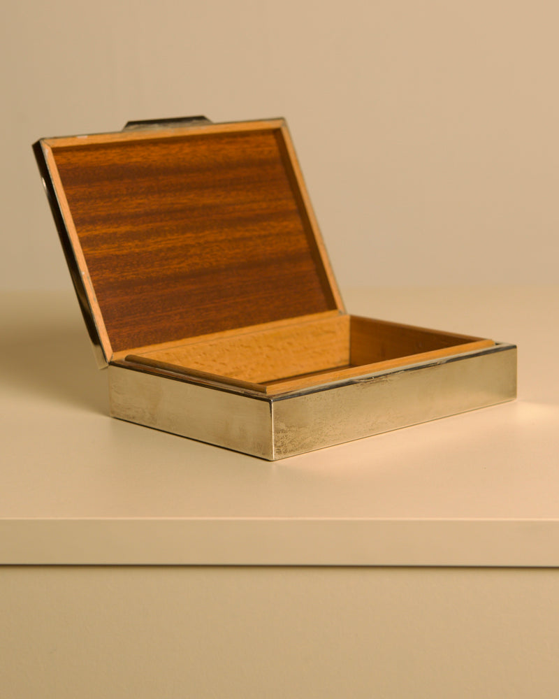 Italian Silver-plated Metal Box with a Wooden Interior, 80s — close-up of open box showing wooden interior