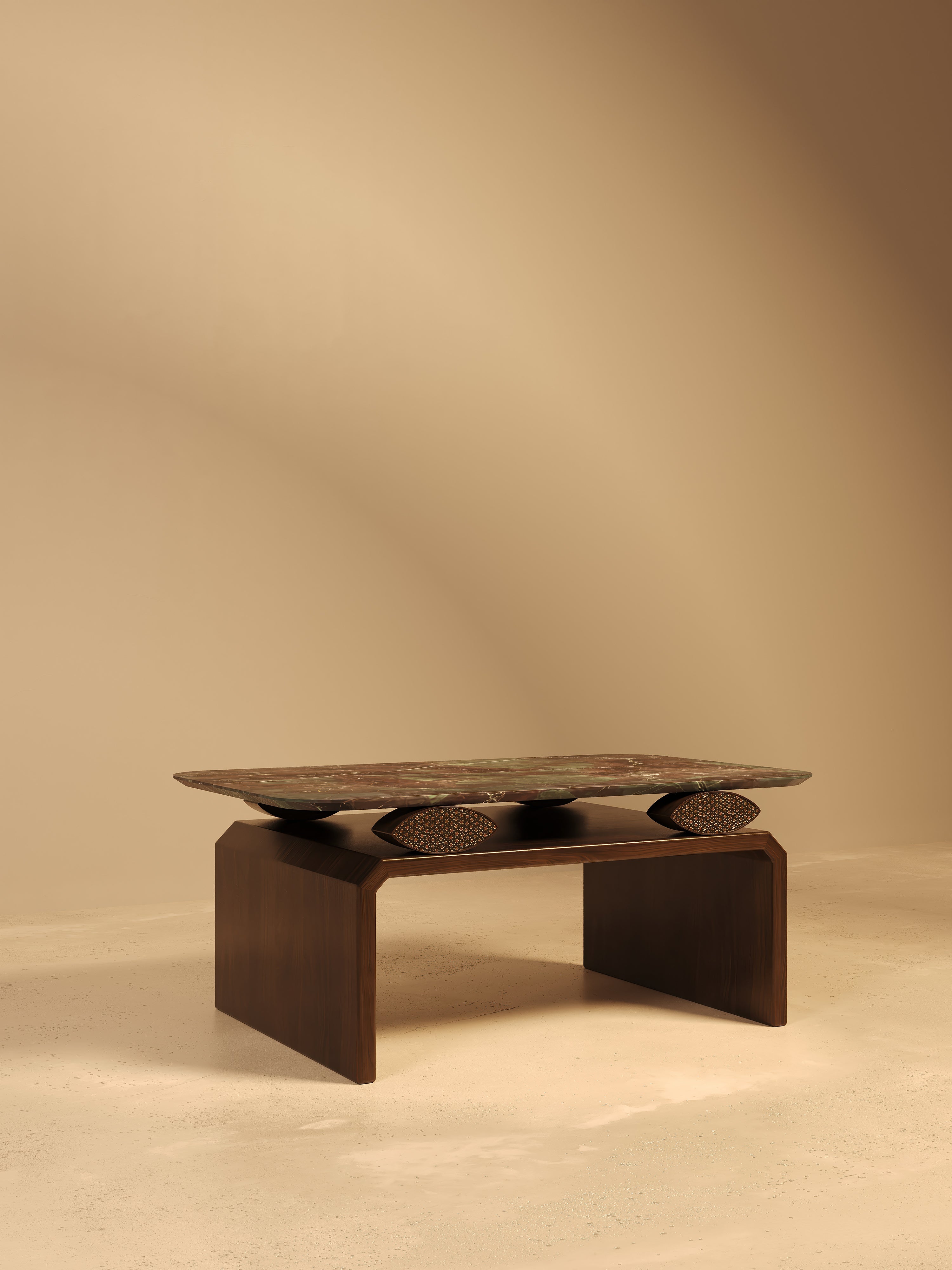 NAZAR II Coffee Table in Ocean Red Granite, Walnut and Khatam Marquetry — alternate view